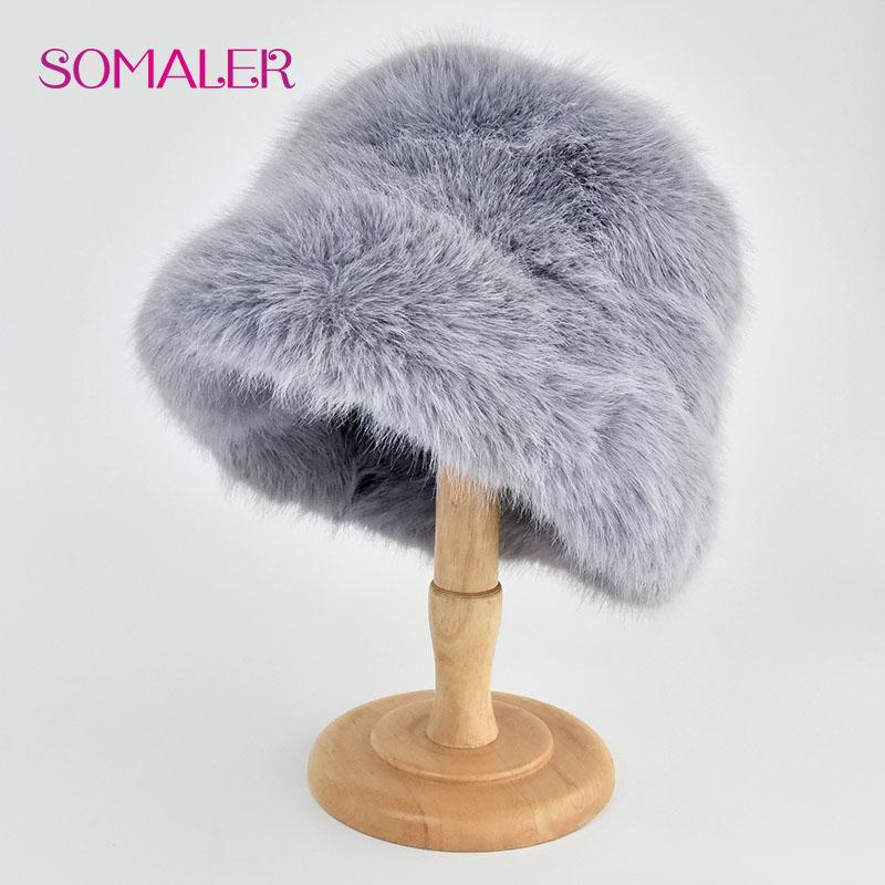 SOMALER Colorful Faux Fur Bucket Hats for Women Plush Bleaching and Dyeing Color Cap Fashion Warm Fluffy Faux Fur Furry Bucket Cap