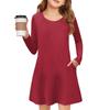 Girls' Long Sleeve Dress - Solid Color Pocket Dress