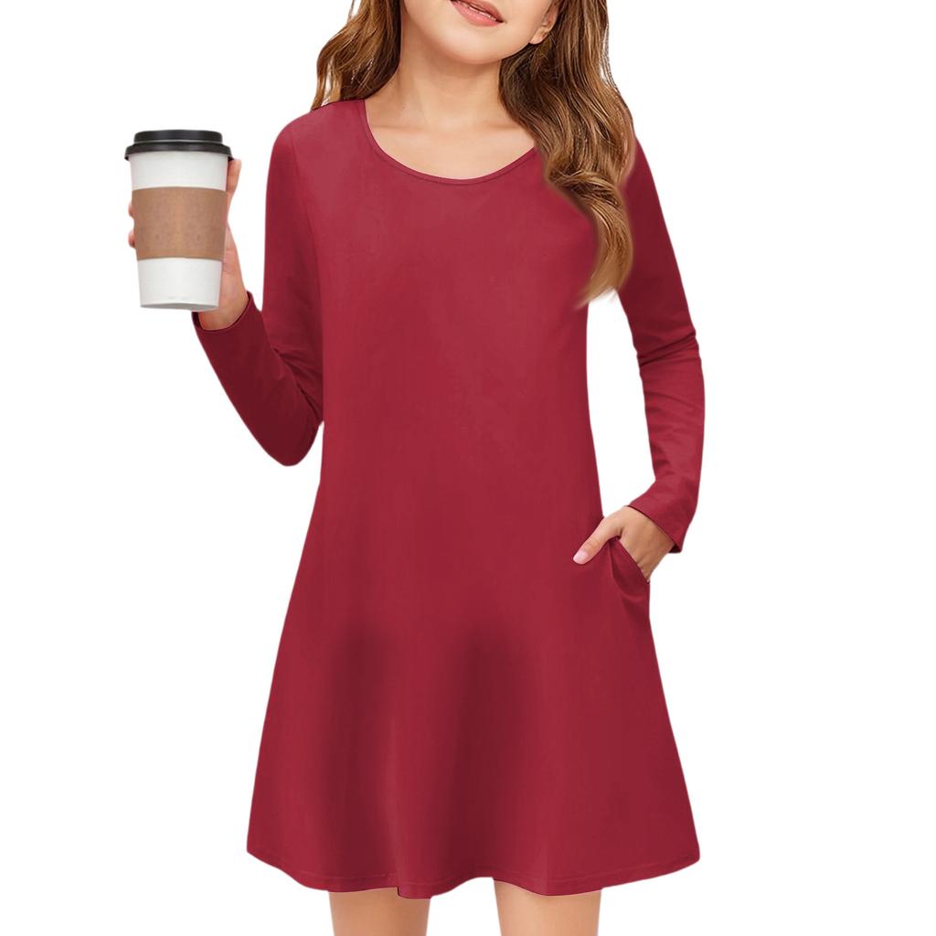 Girls' Long Sleeve Dress - Solid Color Pocket Dress