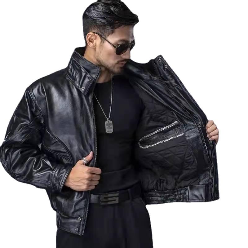 Мужские куртки из натуральной коровьей кожи, осенне-зимние мужские кожаные пальто, мотоциклетная куртка-пилот, ветровка с воротником-стойкой