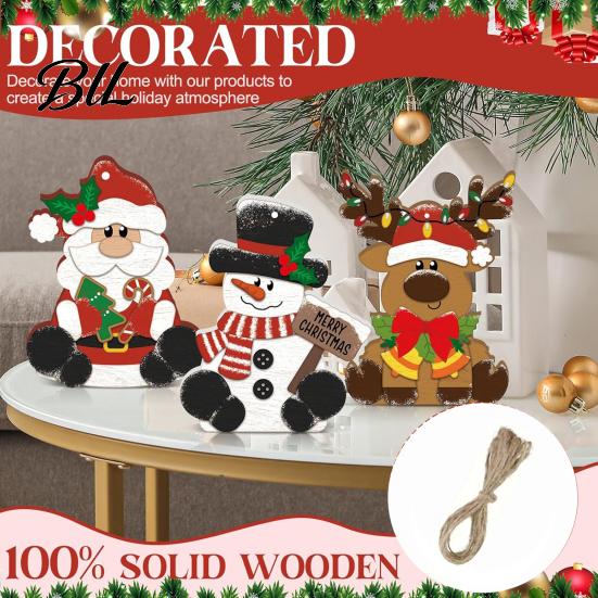 Vintage Style Wood Christmas Decor 3Pcs Wooden Tabletop Set, Santa Snowman Reindeer Figurine, Hanging Handcrafted Holiday Signs Tree Ornament
