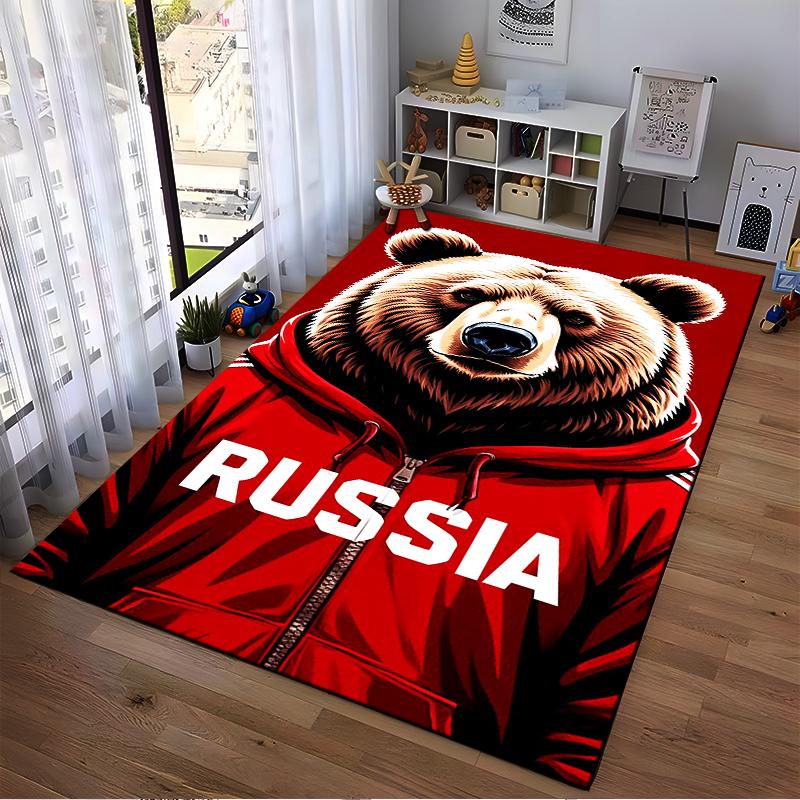Bear Wearing Red Hoodie with "Russia" Text Non-slip rug suitable for living room and bedroom sofas