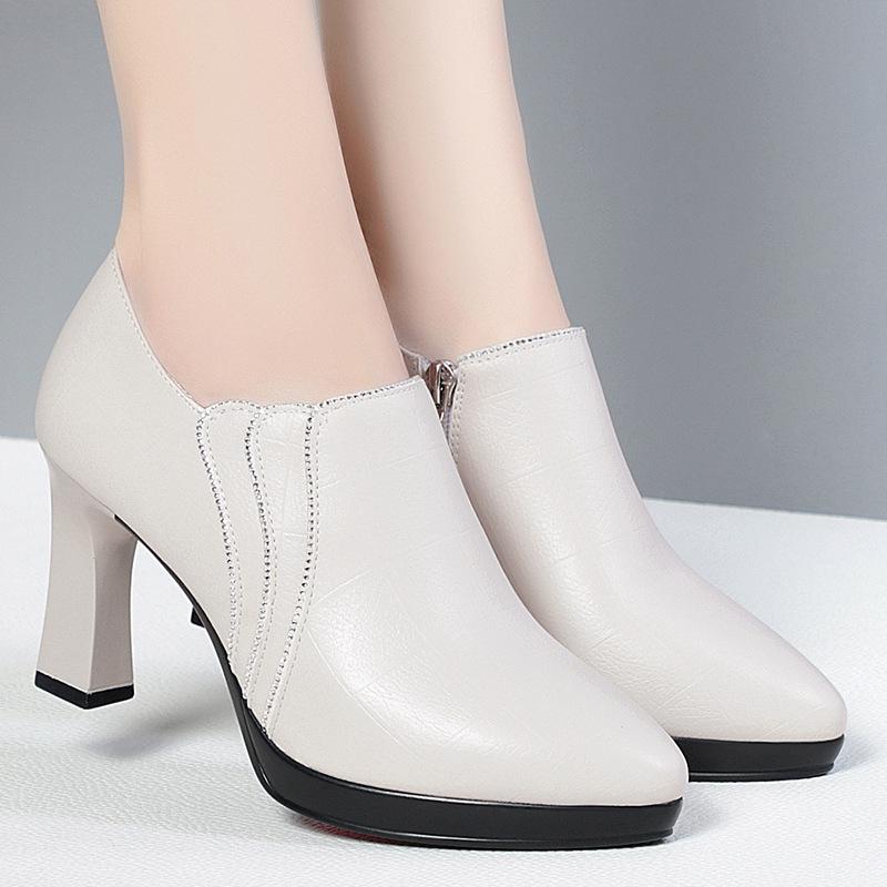 Fashion Comfortable Pointed Toe Deep Mouth Soft Leather Shoes Women's Pumps 2024 Fall Block High Heels For Office Model Mom Elegant