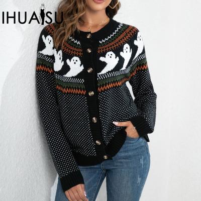 Женский ретро-кардиган с длинным рукавом в горошек, свободный свитер