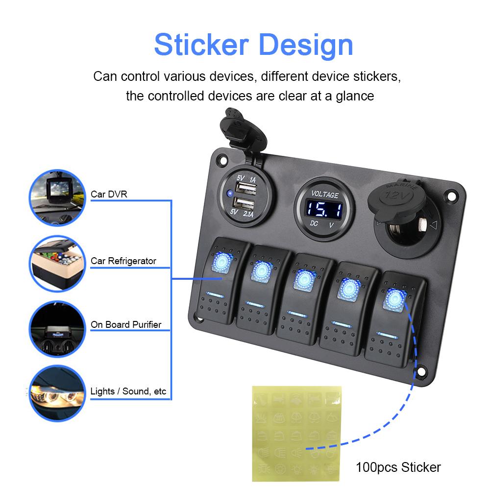 With Fuse USB Chargers Socket 12V 24V Car Light Toggle 5 Buttons LED Rocker Switch Panel Boat Digital Voltage Test Accessories