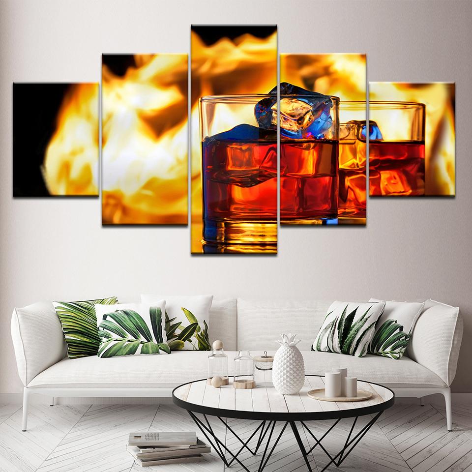 Canvas Painting Two cup of Black Whiskey 5 Pieces Wall Art Painting Modular Wallpapers Poster Print for living room Home Decor