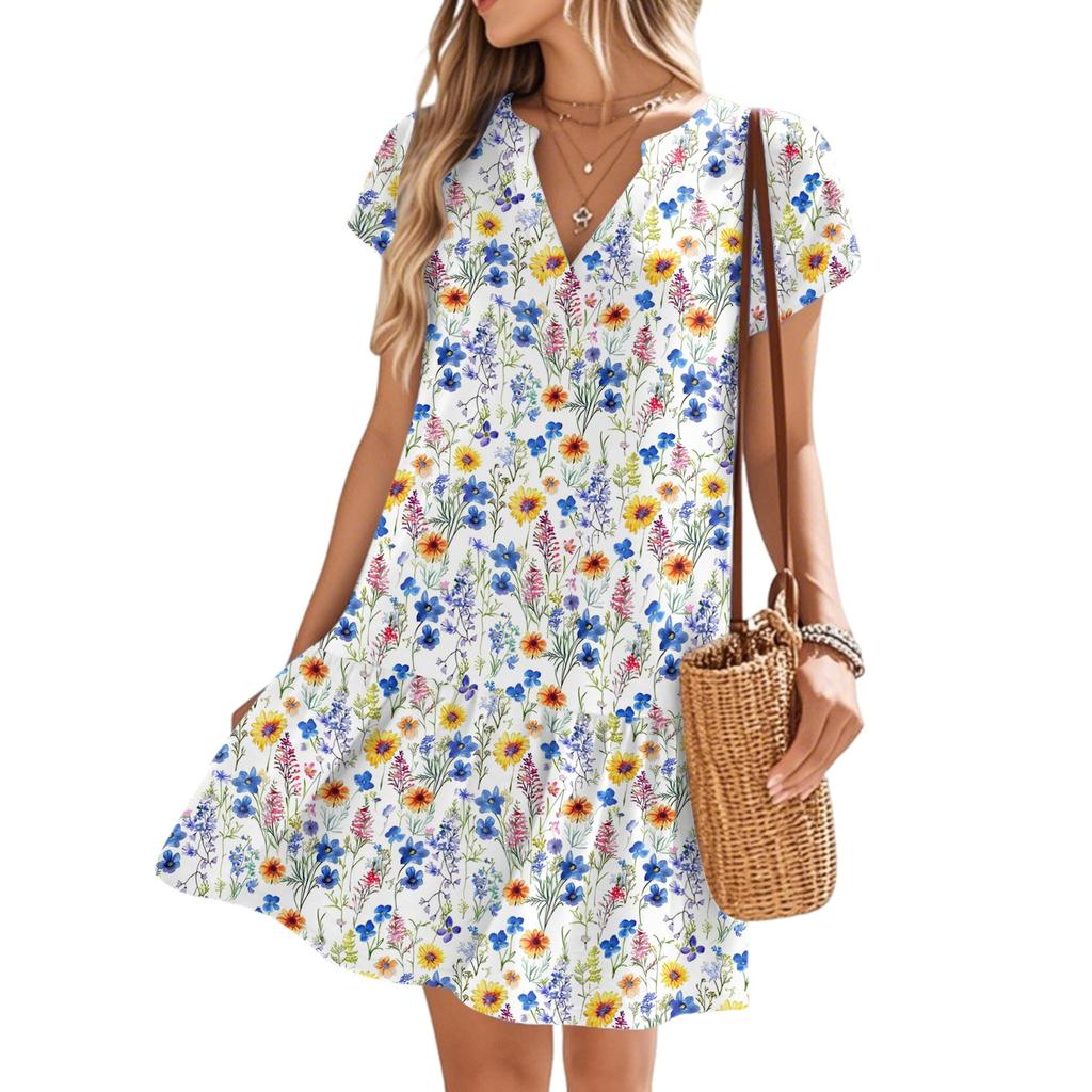 Women's Dresses Short Sleeve V-Neck Floral Printed Loose Casual Temperament Beach Dresses
