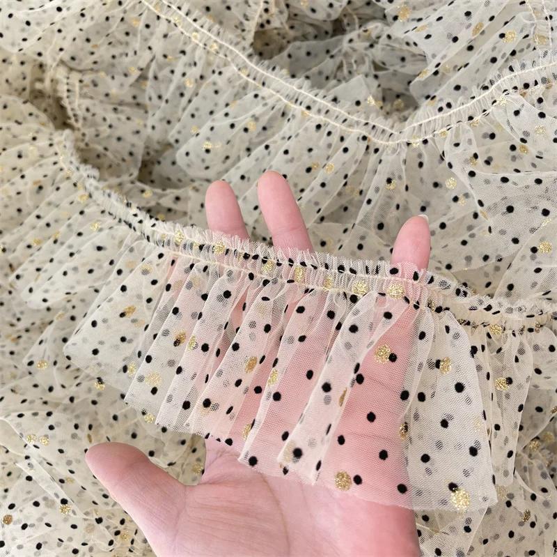 3 метра/партия, 8 см в ширину, бежевая сетчатая ткань в черный горошек/бронзовые золотые горошек, складки, кружевная отделка, аксессуары для платьев для домашних животных/кукол