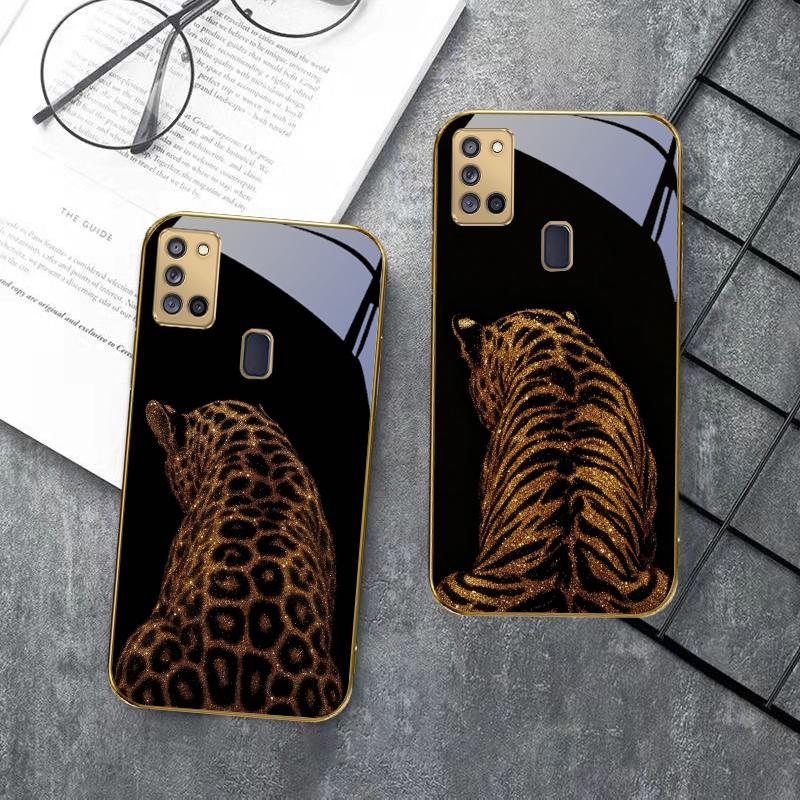 Черный фон с леопардовым принтом Для Samsung A 31 32 A33 A34 35 14 A15 13 16 25 26 50 52 53 54 55 56 70 71 72 73 Золотой стеклянный чехол для телефона