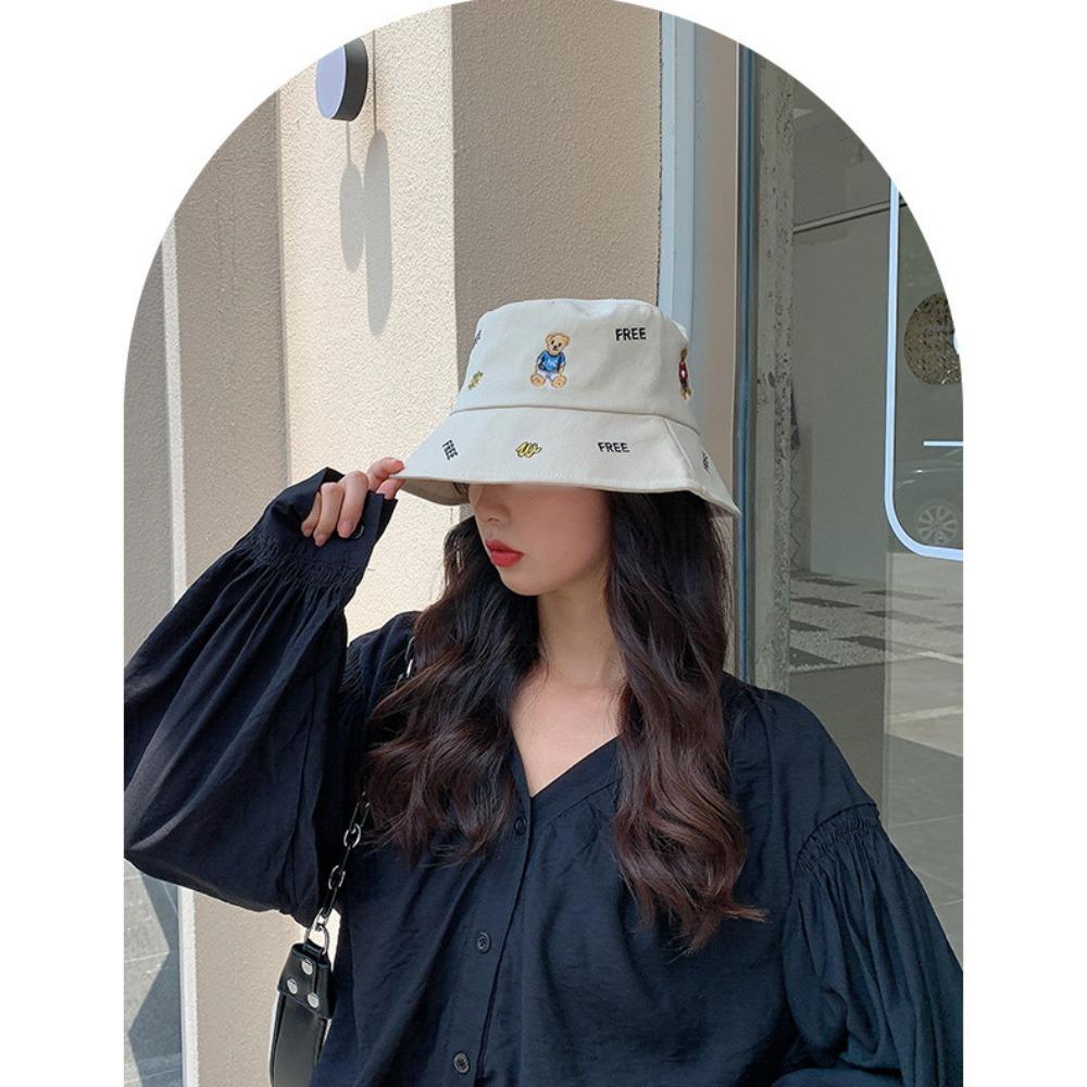 Bear Print Fisherman Hat Little Bear Flat Top Cap Cartoon Sun Caps Women