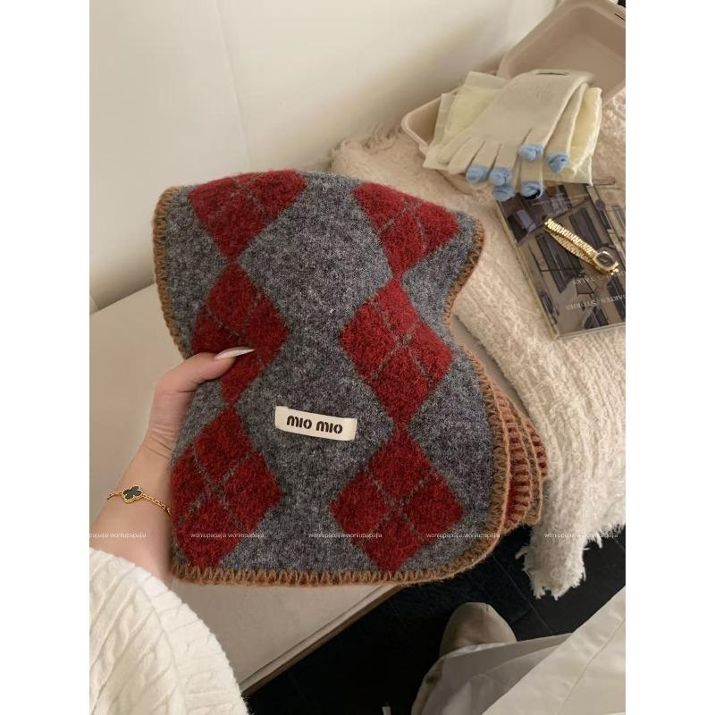 College Style Rhombus Polka Dot Scarf with Wool Scarf Imitation Cashmere Edge Contrasting Autumn and Winter Warm Shawl for Women