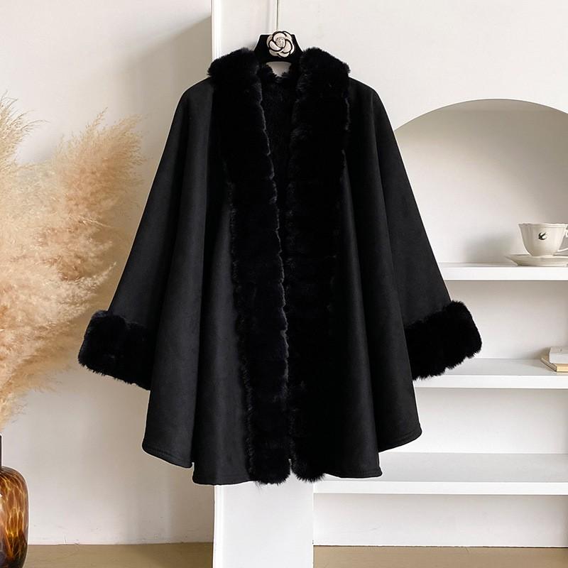 Womens Plus Size Faux Rabbit Fur Collar Knit Cardigan Cape Coat Winter Streetwear