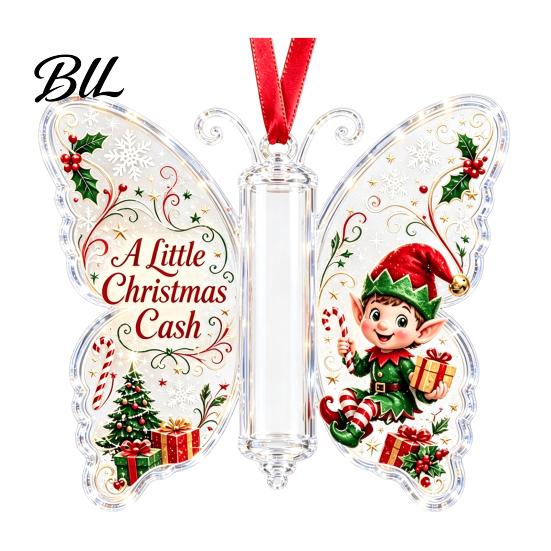 Hanging Cash Storage for Holiday Christmas Money Holder Ornament, Acrylic Decor with Vintage Capsule Butterfly Print, Party Supplies And Festive Home