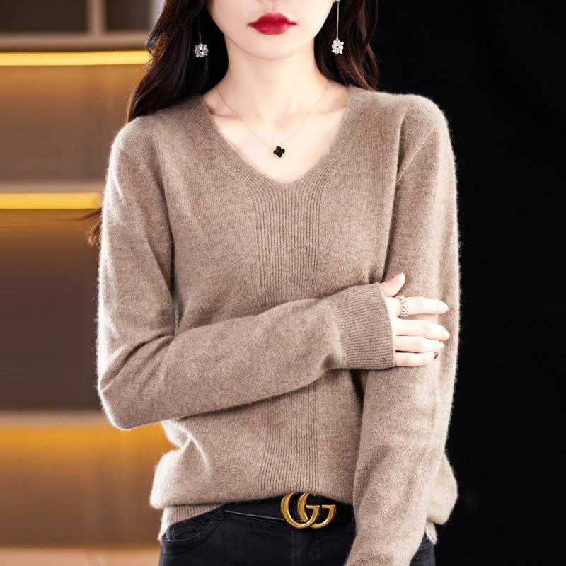Spring and Autumn Women's Knit Sweater V-neck Long-sleeved Knit Sweater Solid Color Pullover Thin Top Gentle Wind Knitted Bottoming Shirt