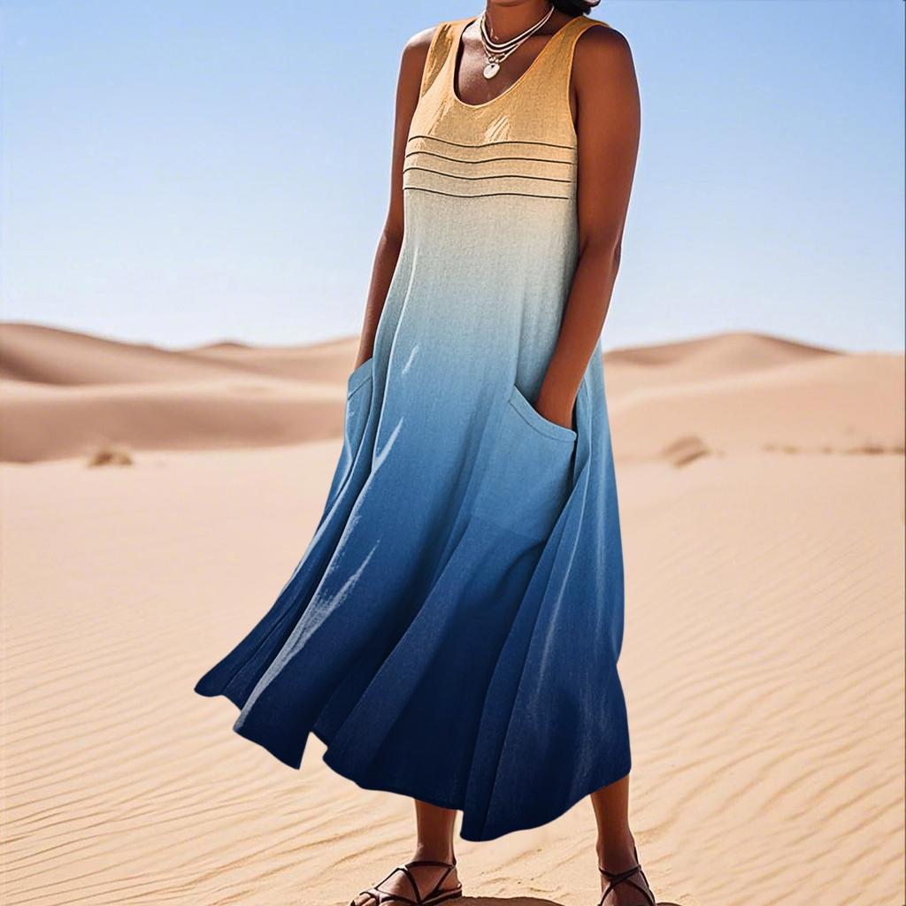 Женское модное пляжное платье без рукавов с круглым вырезом и карманами, длинные платья с градиентом