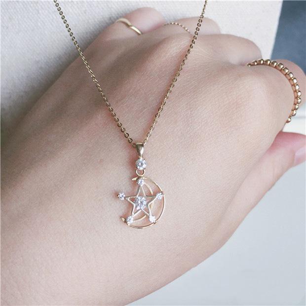 Серебряное колье Xin Zhe Mei S925 с позолотой, подвеска в виде звезды и луны с цирконием - Элегантная цепочка на ключицу