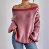 Women's Off-Shoulder Sweater with Contrasting Colors and Striped Lantern Sleeves for Autumn/Winter