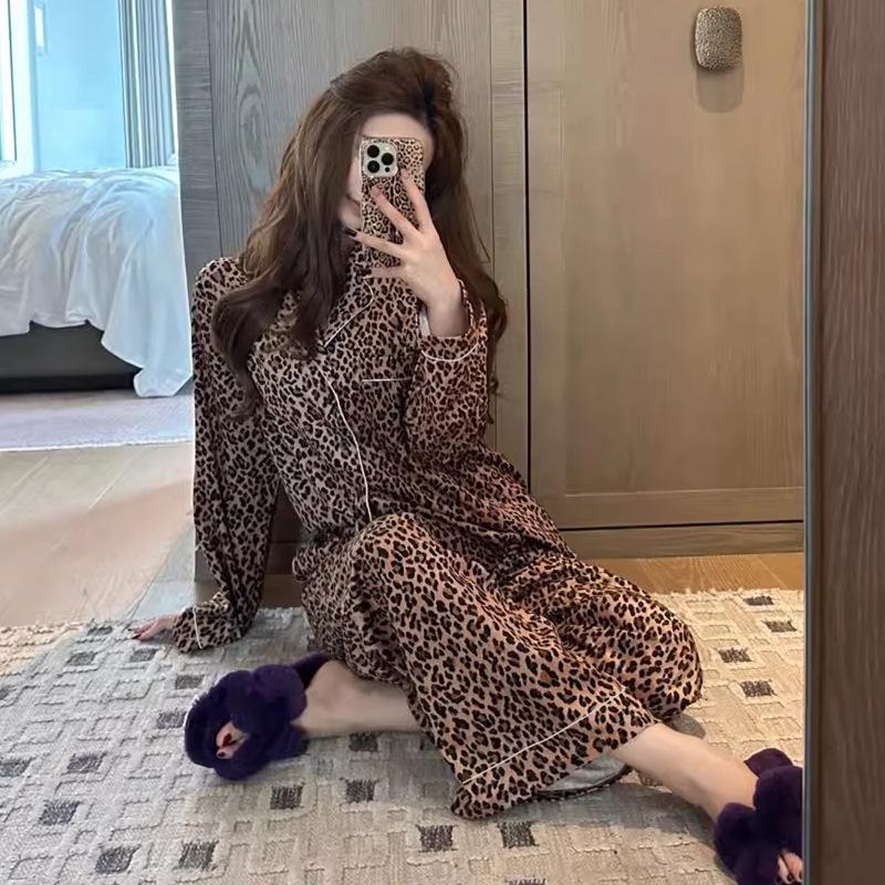 Весна/Лето Женский Пижамный Комплект С Леопардовым Принтом - Тонкий Кардиган и Сексуальный Домашний Наряд