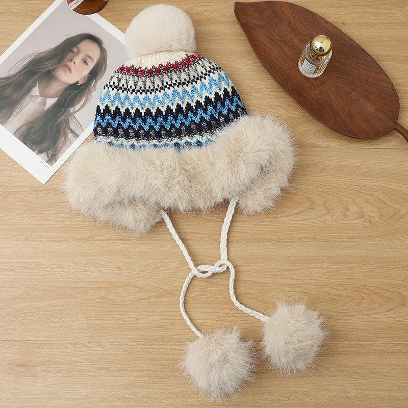 Этнический стиль Пушистая теплая шапка Женская зимняя плюшевая утолщенная шапка с помпоном Холодная шапка для улицы Лыжная шапка