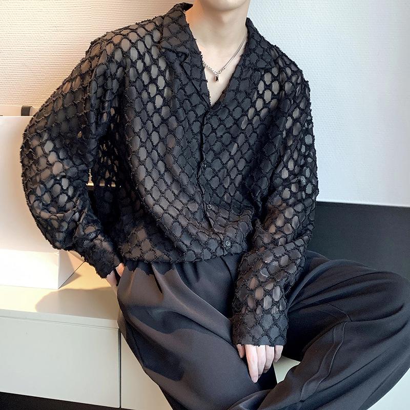 Early autumn niche design hollow long-sleeved shirt men's Korean version of ruffian handsome drape shirt