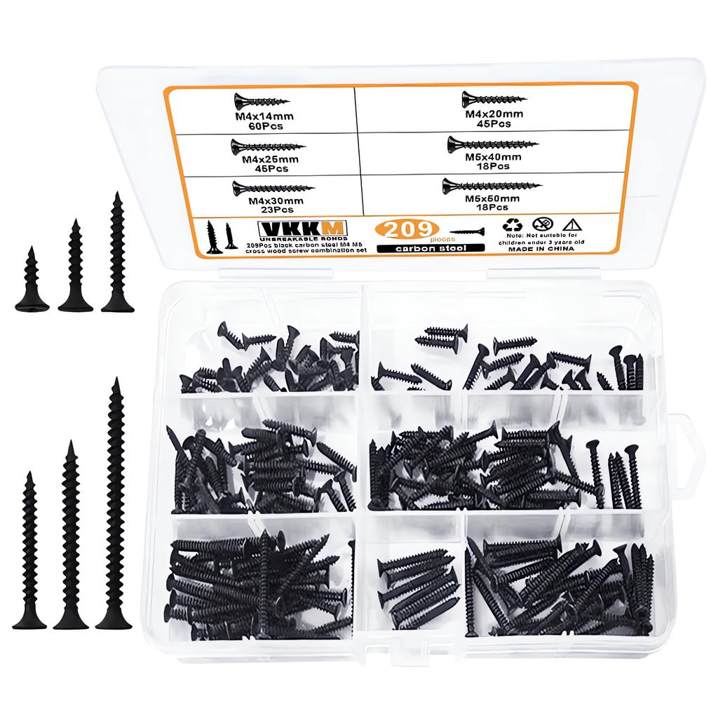 209 шт., набор из черных шурупов по дереву, крестообразный набор шурупов по дереву M4M5