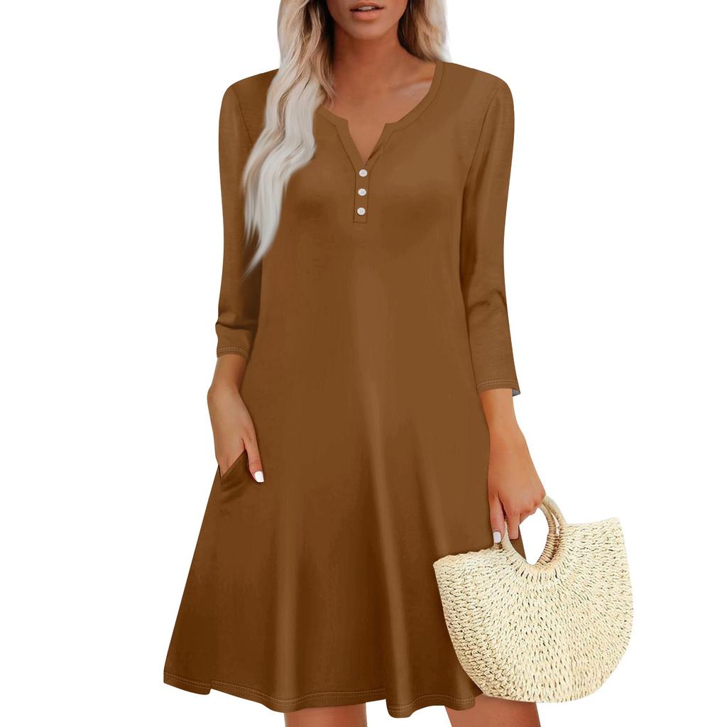 Women's Summer Dress Loose V Neck Three-quarter Sleeve Sundress With Pockets Dress
