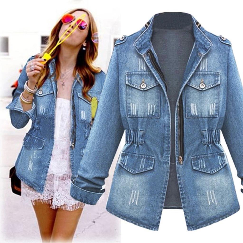 Women's Chain Jacket Pocket Large Size Casual Denim Jacket