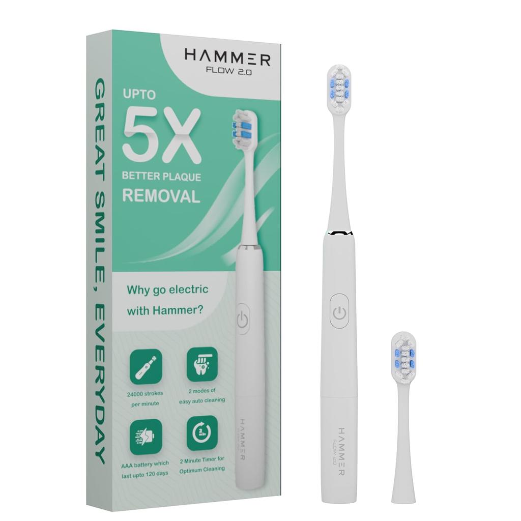 Hammer Электрическая зубная щетка Flow 2.0 и 2 сменные насадки для взрослых мужчин и женщин, 2 режима чистки, батарея AAA, сверхмягкие щетинки(белый)