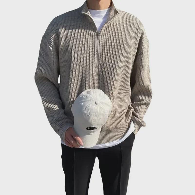 Мужской свитер-кардиган в корейском стиле с воротником-стойкой на осень
