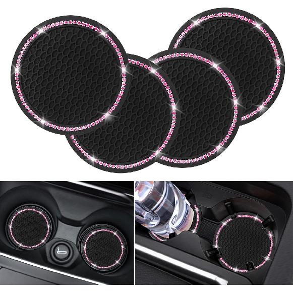4 Pack Car Coasters, Universal Vehicle Bling Car Coaster, Cute Rhinestone Coaster for Cup Holders,Interior Accessories 2.75'' Silicone Anti Slip Car