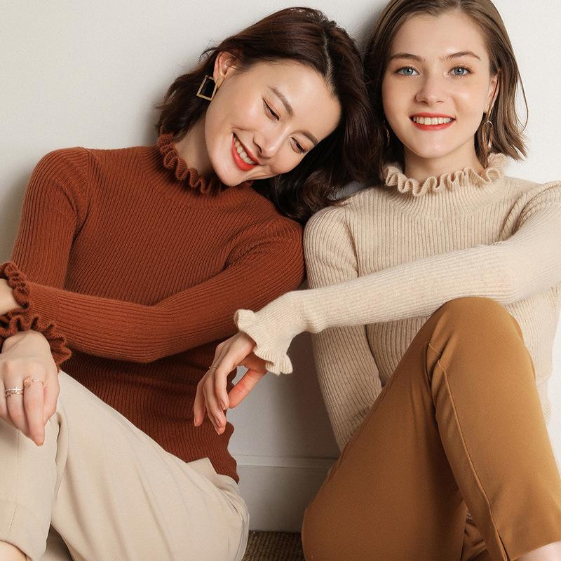 Осенне-зимний женский свитер с полувысоким воротником, облегающий пуловер с длинными рукавами, короткий, тонкий вязаный свитер, базовая водолазка
