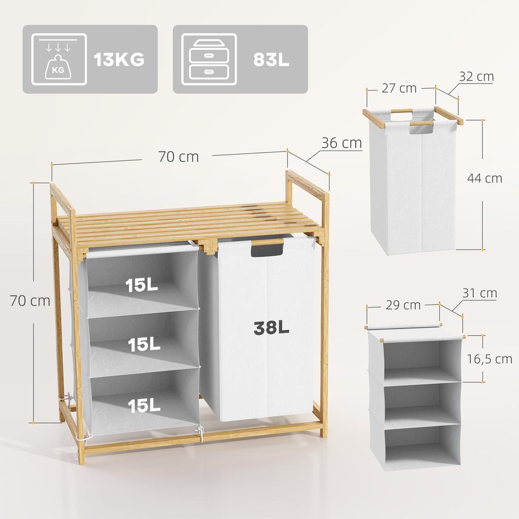 Laundry Basket with Laundry Bag, Fabric Drawer, Bamboo, 70x36x70 cm, White/Wood