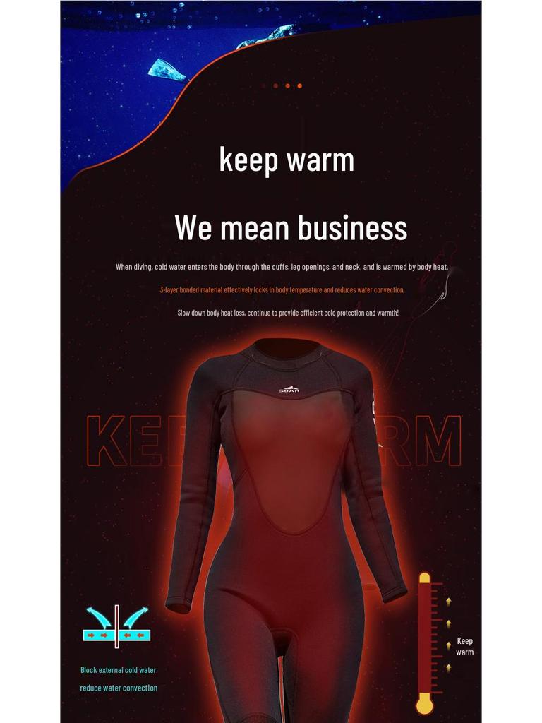 Women's 3MM Long Sleeve Wetsuit - Warm, Cold-Proof One-Piece for Snorkeling & Surfing; Sun & Jellyfish Protection Suit