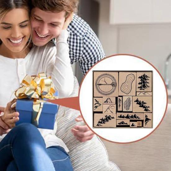 1 набор штампов ручной работы с 16 деревянными резиновыми штампами для самостоятельного изготовления декоративных штампов в виде гор, рек, лесов, зданий