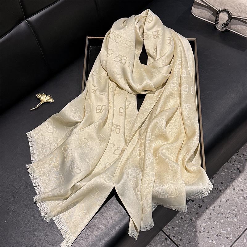 New Imitation Silk Fashionable Elegant High-end Long Silk Scarf Short Beard Shawl Long Scarf Tensile Cotton Gold Silk Scarf