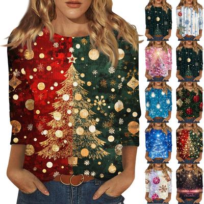 Женская модная повседневная футболка с круглым вырезом и рукавом три четверти с рождественским принтом