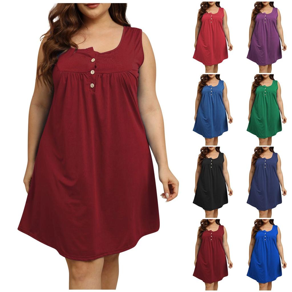 Женское большое повседневное однотонное свободное платье с круглым вырезом и пуговицами