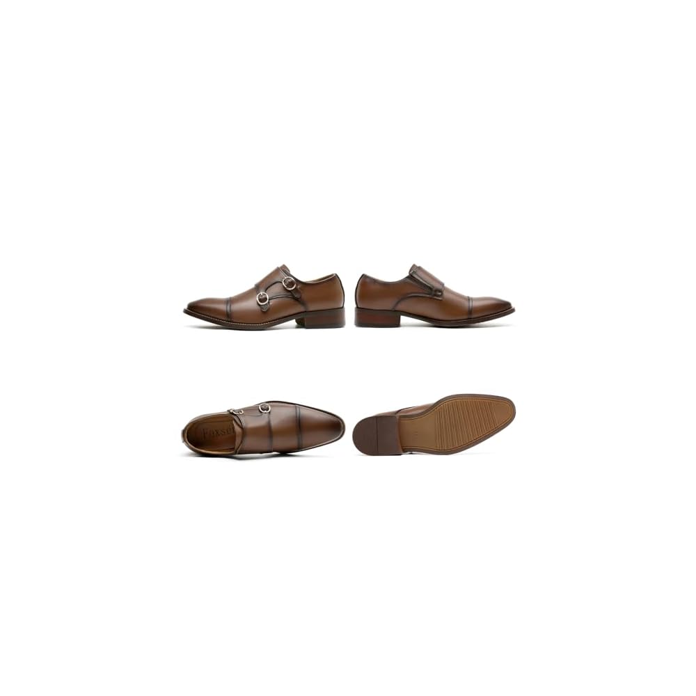 Foxsense Business Shoes, Leather Dress Shoes for Men, Genuine Leather, Monk Strap, Straight Tip,