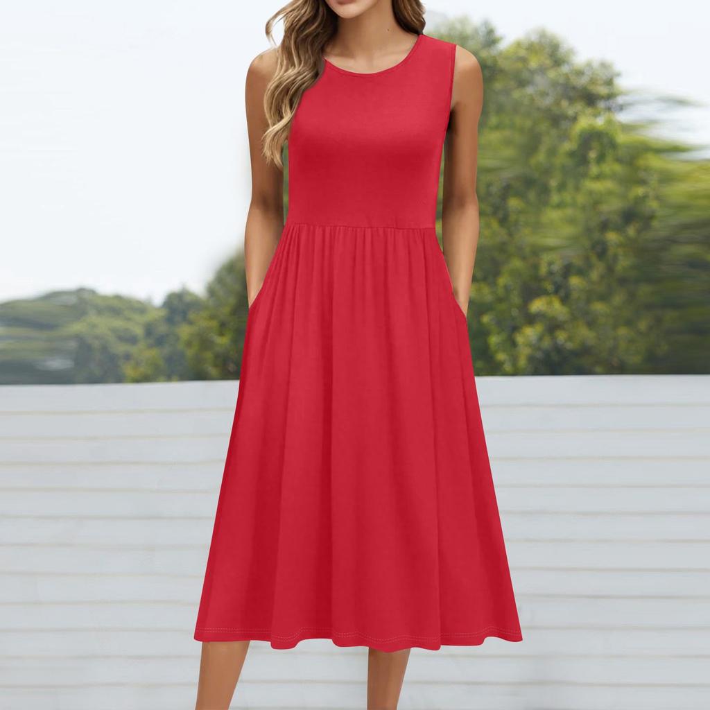 Женское модное однотонное платье без рукавов с круглым вырезом и карманом средней длины