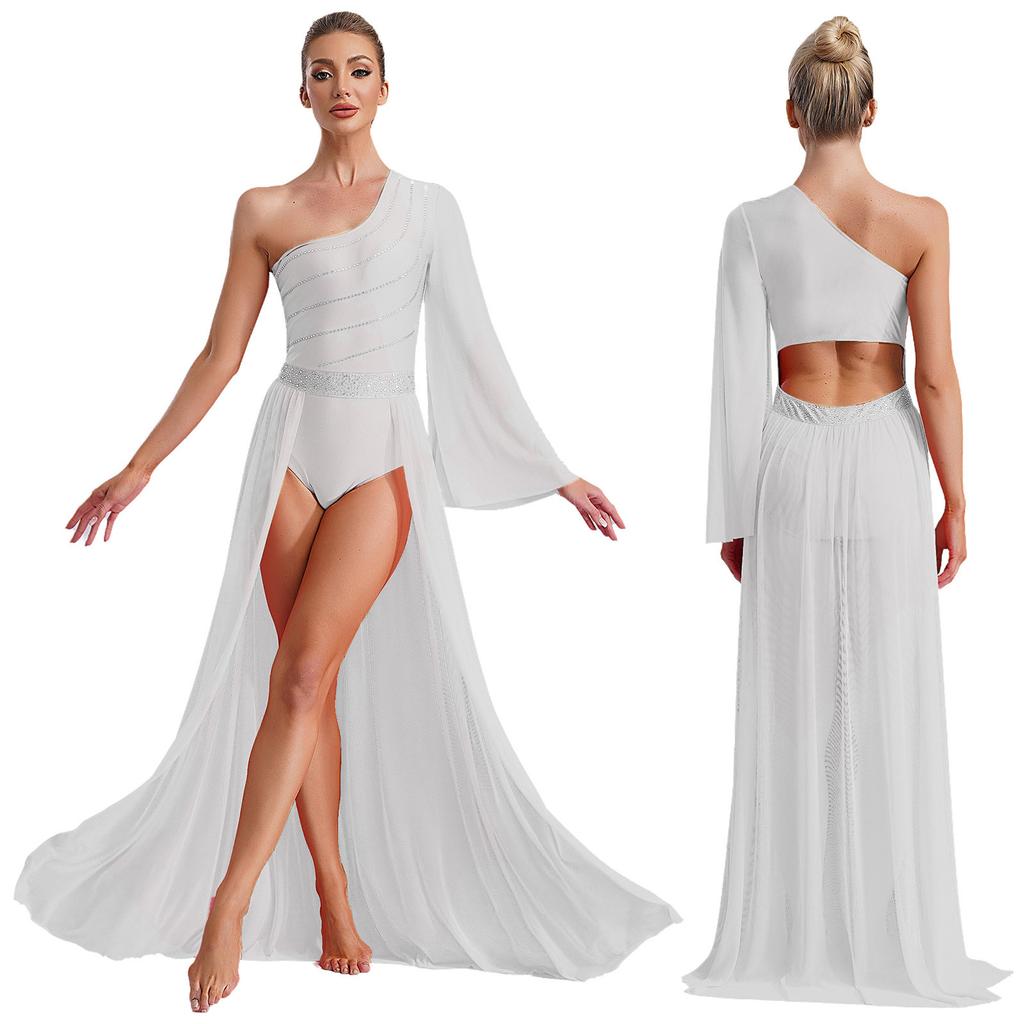Women's One Shoulder Lyrical Dance Dress Sheer Mesh Flared Sleeve with Shiny Rhinestones Flowy Split