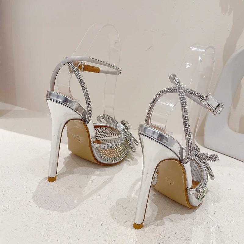 Fashion Luxury Women Shoes Transparent Silver CRYSTAL Women Pumps Fashion Ankle Strap Bridal Thin High Heels Spring Autumn Wedding Shoes
