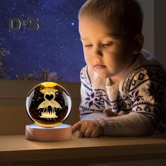 Ночной светильник в виде стеклянного шара с деревянной основой, 7 цветов, удобная в использовании 3D-светильник в виде солнечой системы, хрустальный шар, ночник, настольный декор