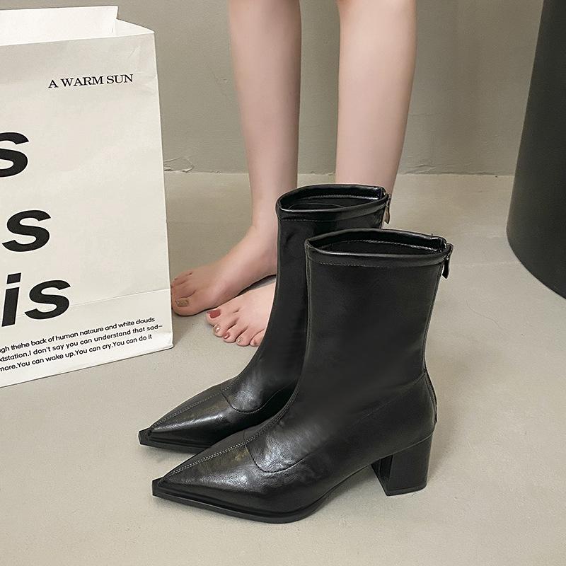 High Heel Coarse Heel Pointed Small Ankle Boots Women's Shoes 2025 Summer Brown Absolute Foreign Martin Boots Skinny Short Boots