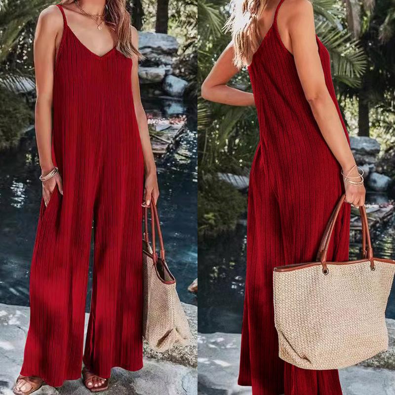 1Set Polyester Fiber Fashion Knitting Sexy Backless Solid Color Trousers Casual with The Pocket Women's Suspender Jumpsuit