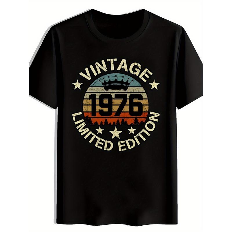 Men'S Vintage 1976 Limited Edition Retro Graphic T-Shirt - Black Relaxed Fit Short Sleeve Tee with Sunset Pine Tree & 70s Music Design, Durable Round