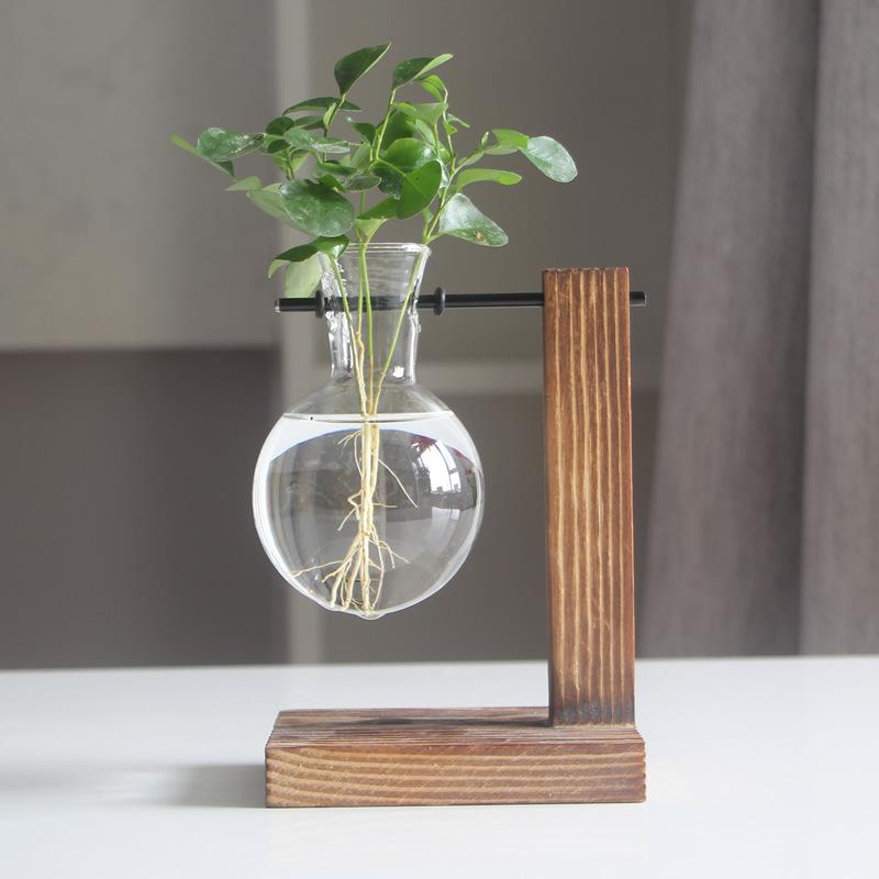 Creative Wooden Frame Hydroponic Vase Dill Plant Transparent Glass Flower Arrangement Container Desktop Ornament Home Decoration Products