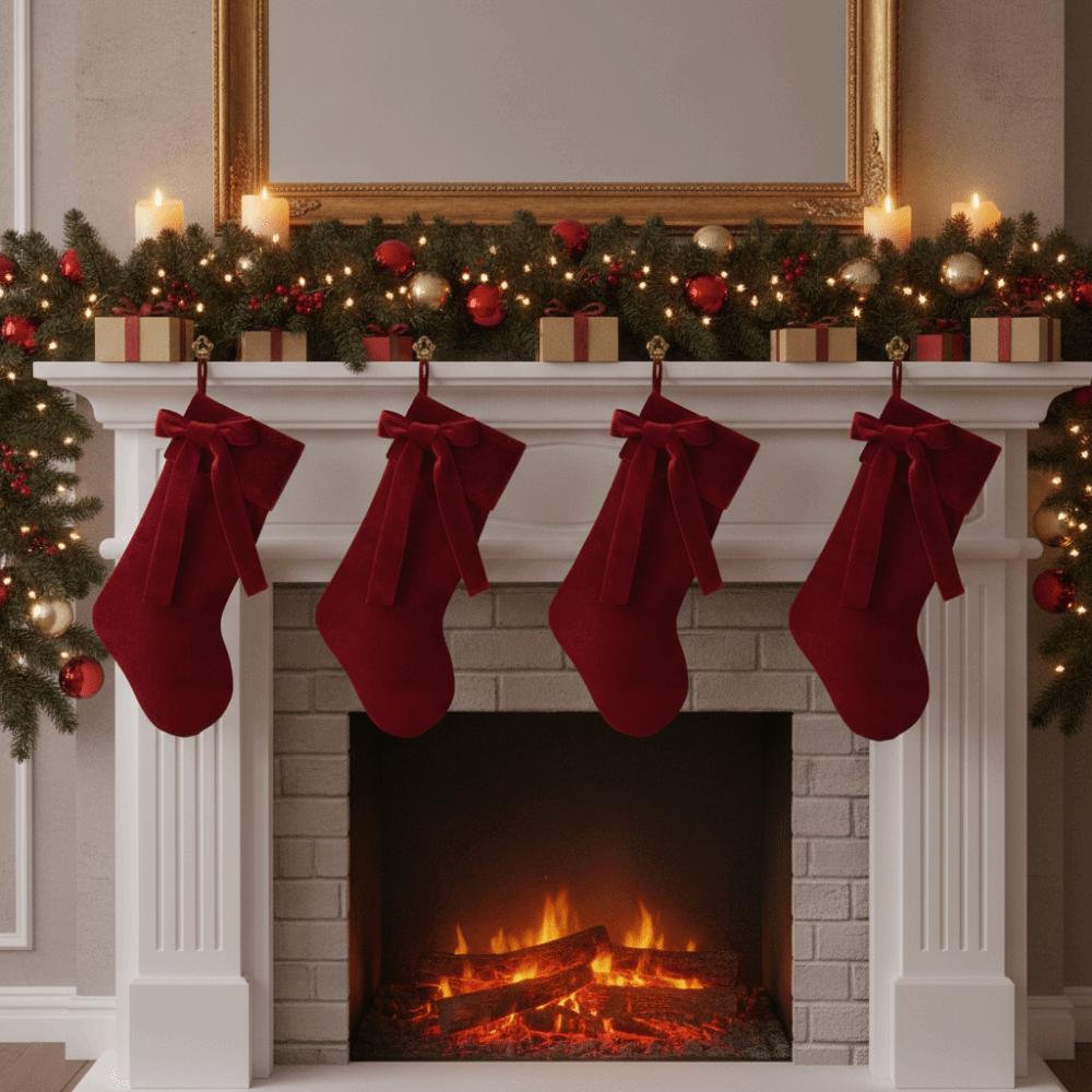 with Bow Velvet Christmas Stocking Thickened Fireplace Hanging Sock Simple Christmas Gift Bag Wall