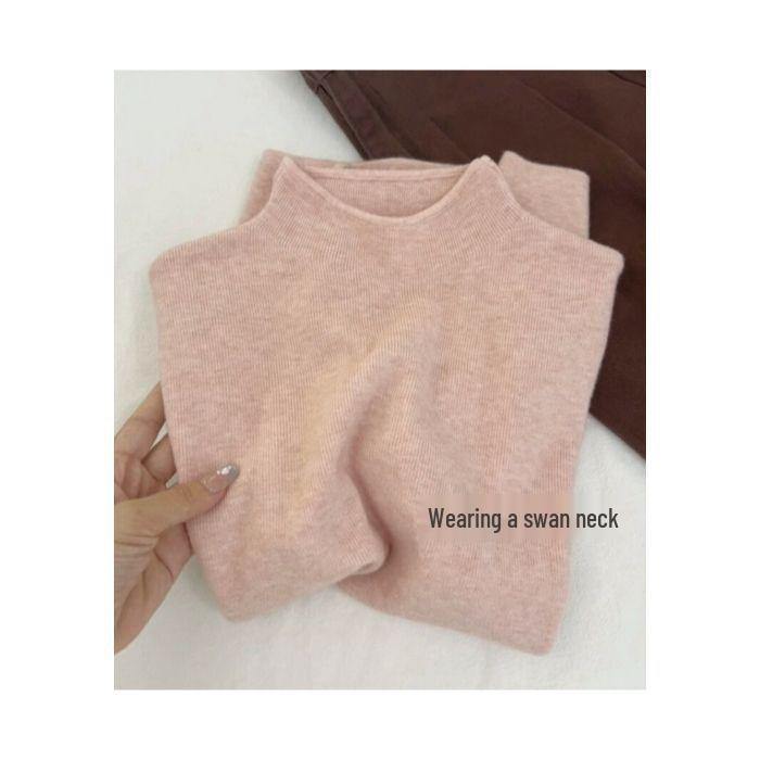 Women's Slim-Fit Long-Sleeve Half-High Neck Knitted Top - Whitening Dark Green, Autumn/Winter, Versatile for Single or Layered Wear.