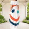 Women Plus Size Round Neck Short Sleeve Abstract Printed Loose White Long Dress With Side Pockets