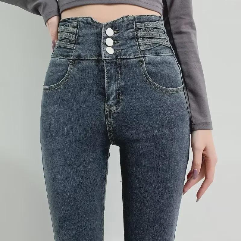Женские зимние джинсы скинни с высокой талией 2023 года: Теплые, утягивающие, утягивающие брюки-карандаш